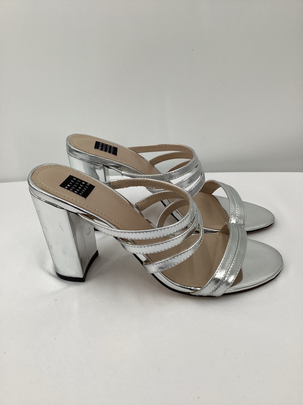 White House Black Market Silver Strappy Block Heel Sandals - Women's